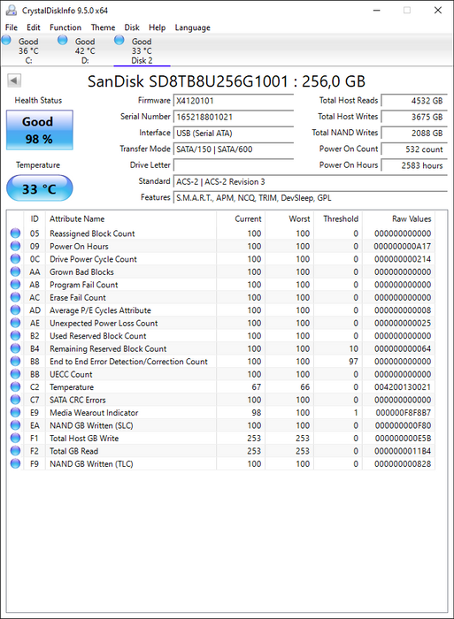 SD8TB8U-256G-1001 SanDisk X400 256GB TLC SATA 6Gbps (AES-256 / SED TCG Opal 2.0) 2.5" SSD