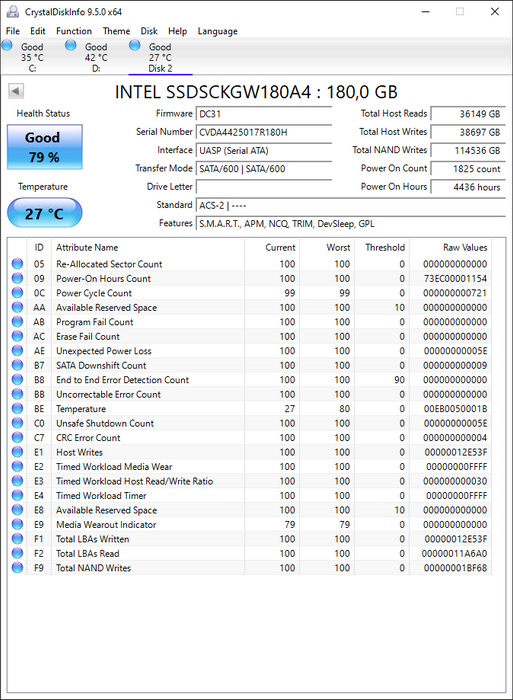 SSDSCKGW180A4 Intel 530 Series 180GB MLC SATA 6Gbps (AES-256) M.2 2280