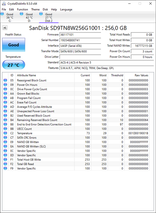 SD9TN8W-256G-1001 SanDisk X600 256GB TLC SATA 6Gbps (AES-256 / SED TCG Opal 2.0) M.2 2280