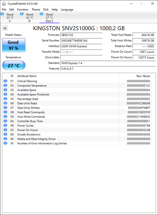 SNV2S/1000G Kingston NV2S 1000GB TLC PCIe 4.0 x4 NVMe M.2 2280 SSD