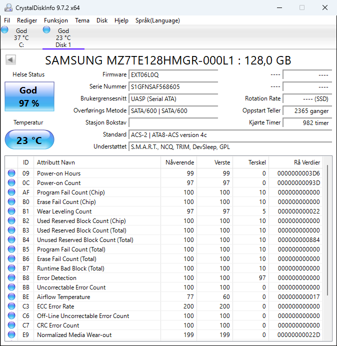 MZ7TE128HMGR-000L1 Samsung PM851 128GB TLC SATA 6Gbps 2.5" SSD