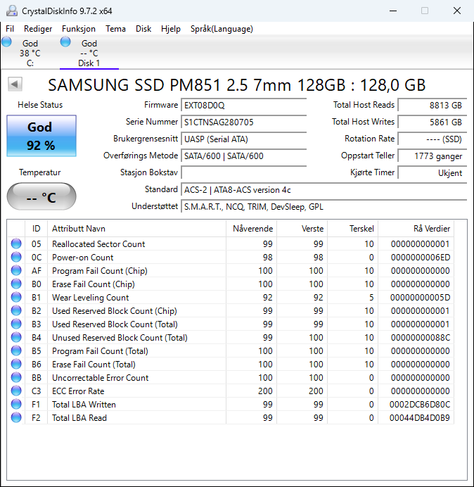 MZ7TE128HMGR-000D1 Samsung PM851 128GB TLC SATA 6Gbps 2.5" SSD