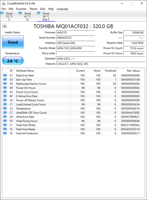 MQ01ACF032 Toshiba Mobile Thin 320GB 7200RPM SATA 6Gbps 16MB Cache 2.5" HDD