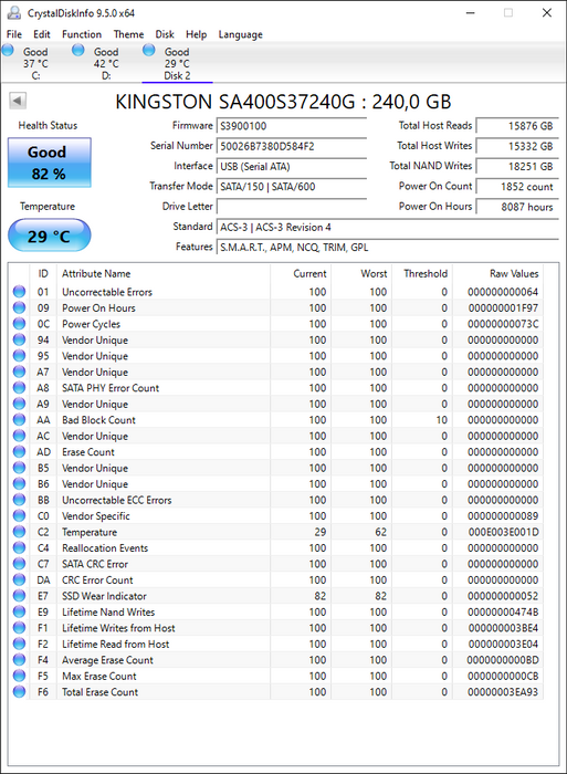 SA400S37/240G Kingston A400 240GB TLC SATA 6Gbps 2.5" SSD