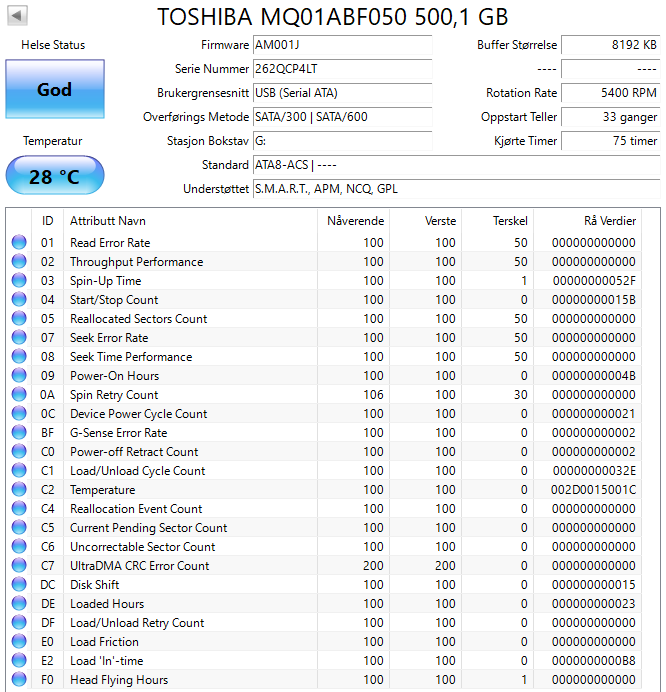 MQ01ABF050 Toshiba Mobile Thin 500GB 5400RPM SATA 6Gbps 8MB Cache (512e) 2.5" HDD