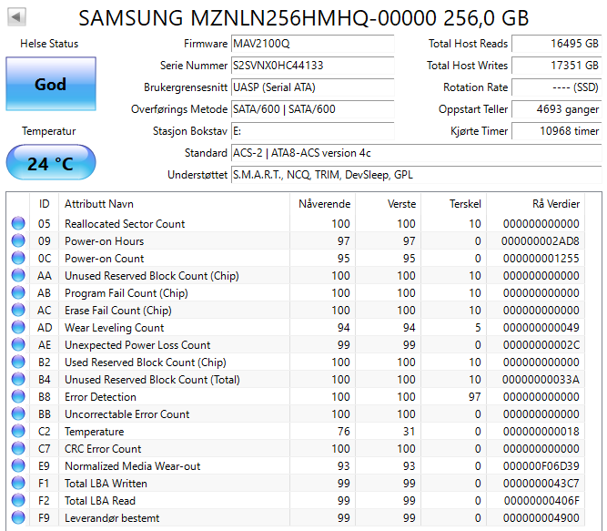 MZNLN256HMHQ-00000 Samsung PM871a Series 256GB TLC SATA 6Gbps M.2 2280