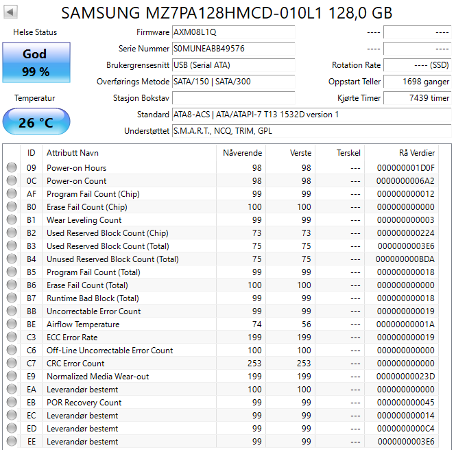 MZ7PA128HMCD-010L1 Samsung PM810 Series 128GB MLC SATA 3Gbps 2.5" SSD