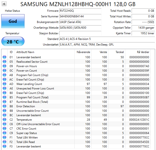 MZNLH128HBHQ-000H1 Samsung PM881 Series 128GB TLC SATA 6Gbps M.2 2280