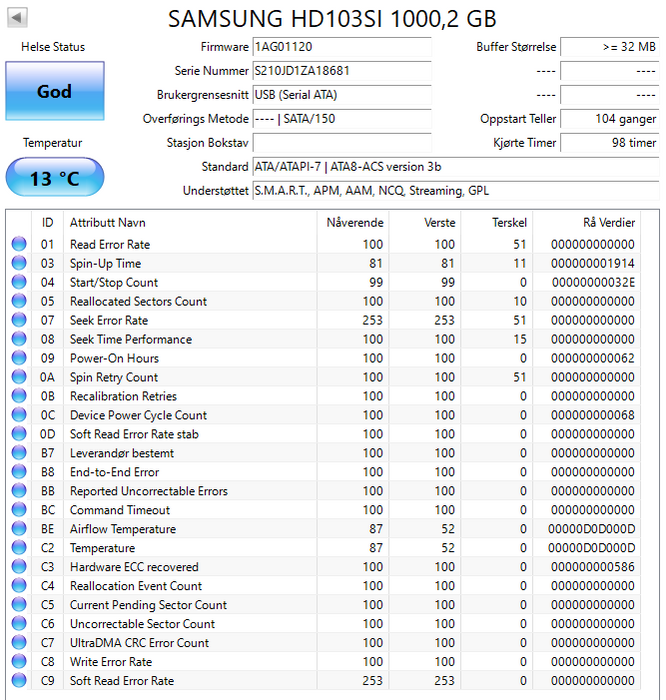 HD103SI Samsung Spinpoint F2EG 1TB 5400RPM SATA 3Gbps 32MB Cache 3.5" HDD