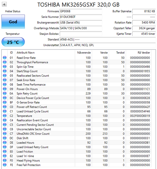 MK3265GSXF Toshiba 320GB 5400RPM SATA 3Gbps 8MB Cache 2.5" HDD