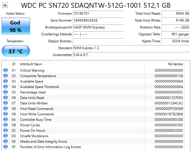SDAQNTW-512G-1001 Western Digital PC SN720 512GB PCIe 3.0 x4 NVMe M.2 2280 SSD
