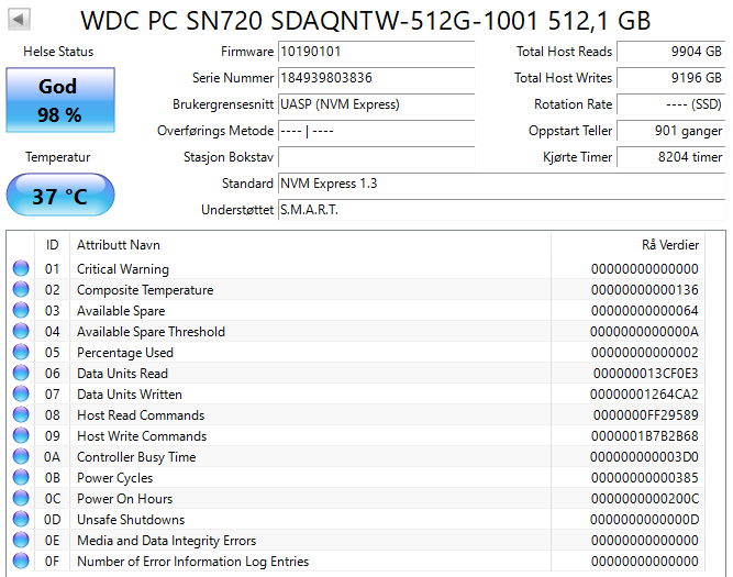 SDAQNTW-512G-1001 Western Digital PC SN720 512GB PCI Express 3.0 x4 NVMe M.2 2280