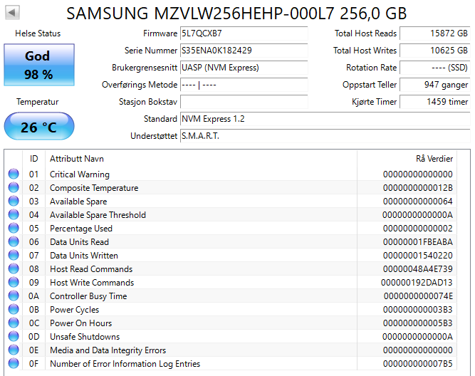 MZVLW256HEHP-000L7 Samsung PM961 Series 256GB TLC PCI Express 3.0 x4 NVMe (SED TCG Opal 2.0) M.2 2280