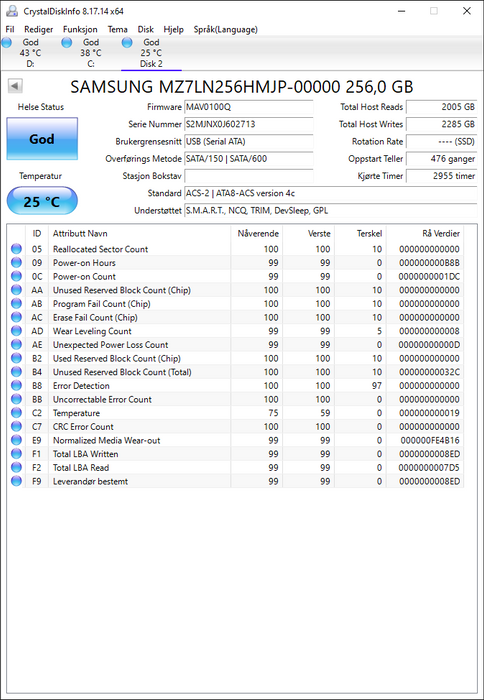 MZ7LN256HMJP-00000 Samsung PM871a Series 256GB TLC SATA 6Gbps 2.5" SSD
