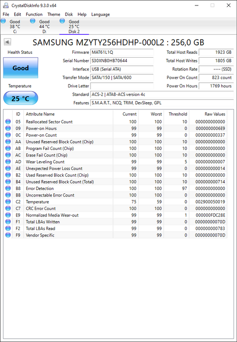 MZYTY256HDHP-000L2 Samsung CM871a Series 256GB TLC SATA 6Gbps 2.5" SSD