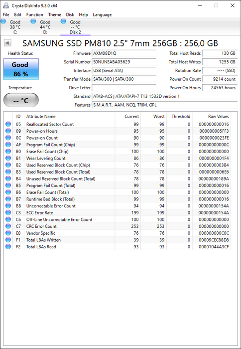 MZ7PA256HMDR-010D1 Samsung PM810 Series 256GB MLC SATA 3Gbps 2.5" SSD