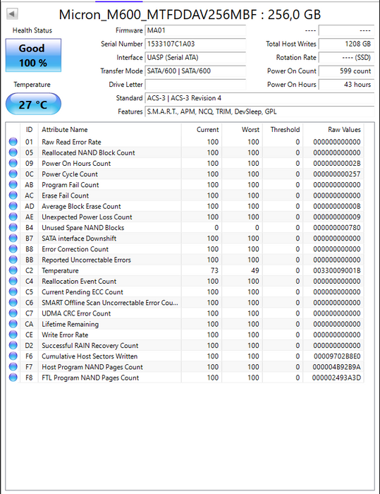 MTFDDAV256MBF Micron M600 256GB MLC SATA 6Gbps M.2 2280