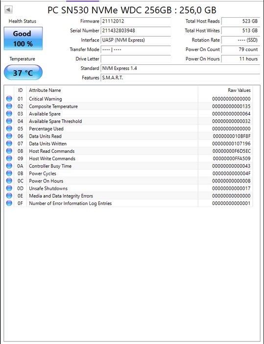 SDBPTPZ-256G-1012 Western Digital PC SN530 256GB TLC PCIe 3.0 x4 NVMe M.2 2230 SSD