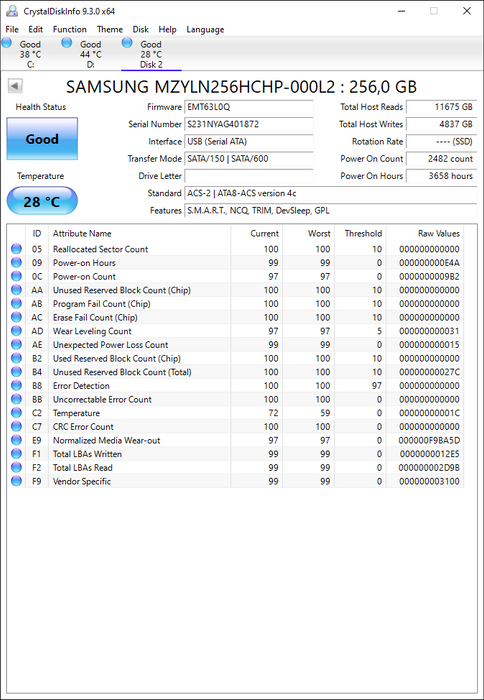 MZYLN256HCHP-000L2 Samsung PM871 Series 256GB TLC SATA 6Gbps Mainstream Endurance (AES-256) 2.5" SSD