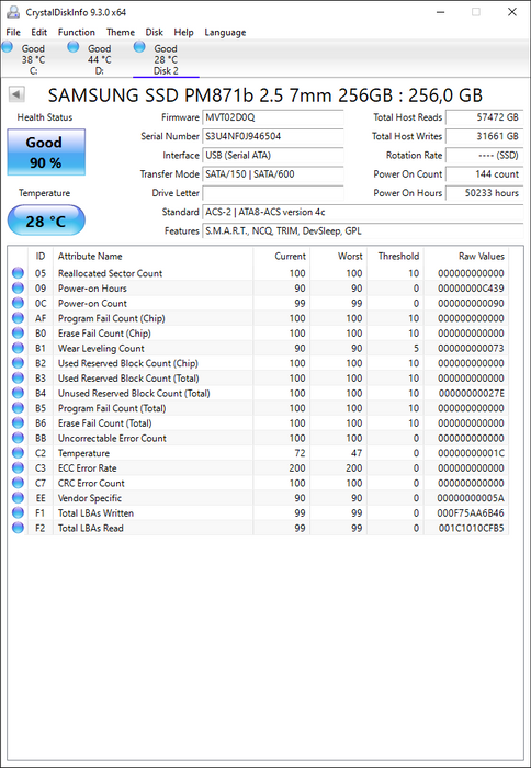 MZ7LN256HAJQ-000D1 Samsung PM871b Series 256GB TLC SATA 6Gbps 2.5" SSD