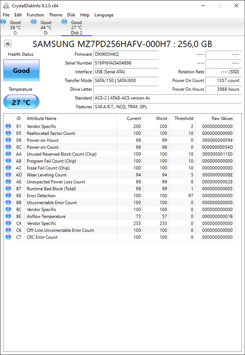 MZ7PD256HAFV-000H7 Samsung SM841 Series 256GB MLC SATA 6Gbps (AES-256 / SED TCG Opal 2.0) 2.5" SSD