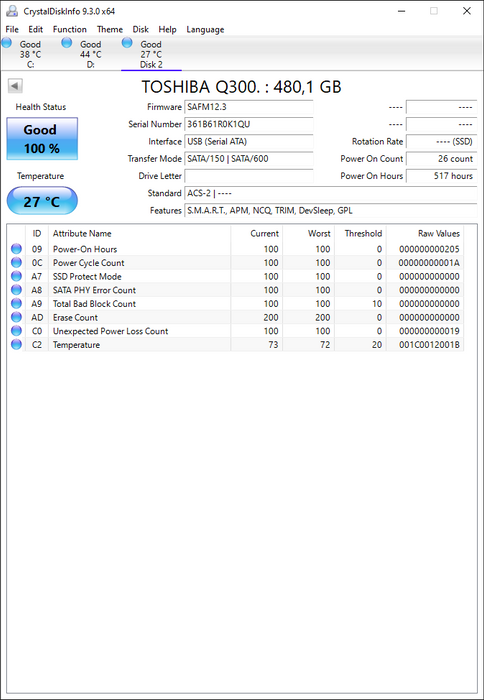 HDTS848 Toshiba Q300 480GB TLC SATA 6Gbps 2.5" SSD