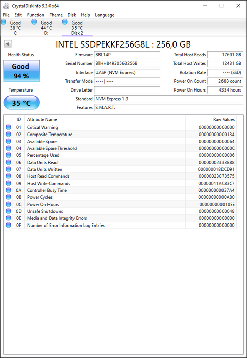 SSDPEKKF256G8L Intel Pro 7600p Series 256GB TLC PCI Express 3.1 x4 NVMe (AES-256) M.2 2280