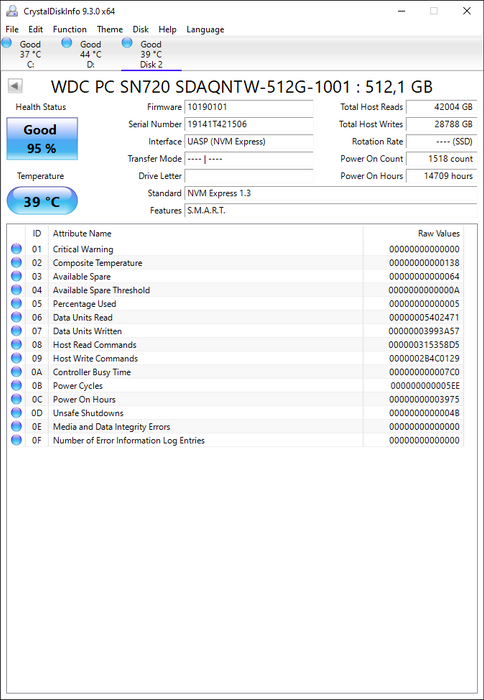 SDAQNTW-512G-1001 Western Digital PC SN720 512GB PCIe 3.0 x4 NVMe M.2 2280 SSD