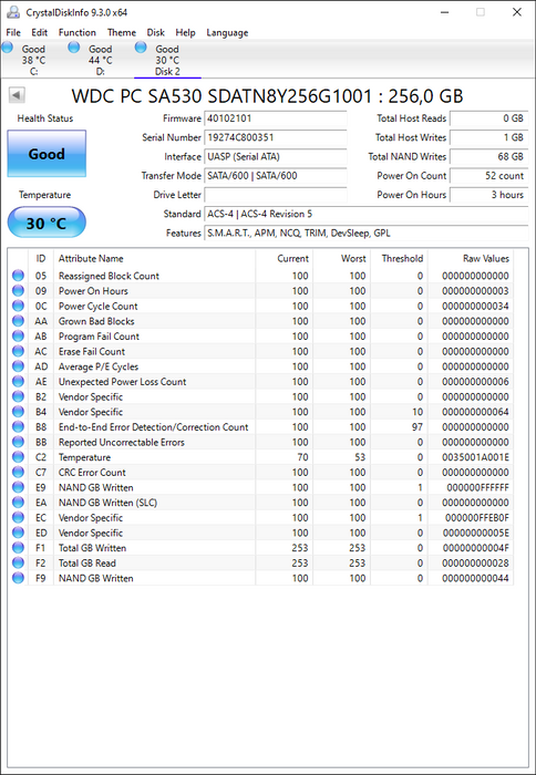 SDATN8Y-256G-1001 Western Digital PC SA530 256GB SATA 6Gbps (AES 256-Bits TCG Opal) M.2 2280