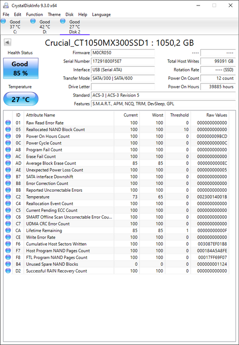 CT1050MX300SSD1 Crucial MX300 Series 1TB TLC SATA 6Gbps (AES-256) 2.5" SSD