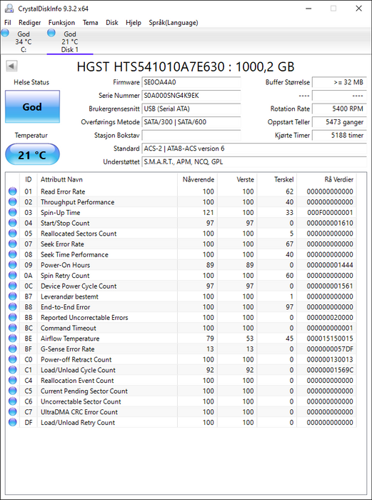 HTS541010A7E630 HGST Hitachi Travelstar Z5K1000 1TB 5400RPM SATA 6Gbps 32MB Cache (512e) 2.5" HDD