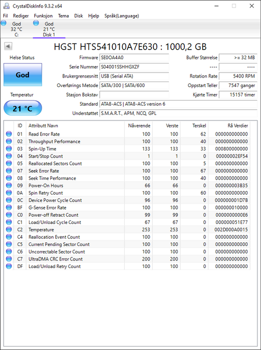 HTS541010A7E630 HGST Hitachi Travelstar Z5K1000 1TB 5400RPM SATA 6Gbps 32MB Cache (512e) 2.5" HDD
