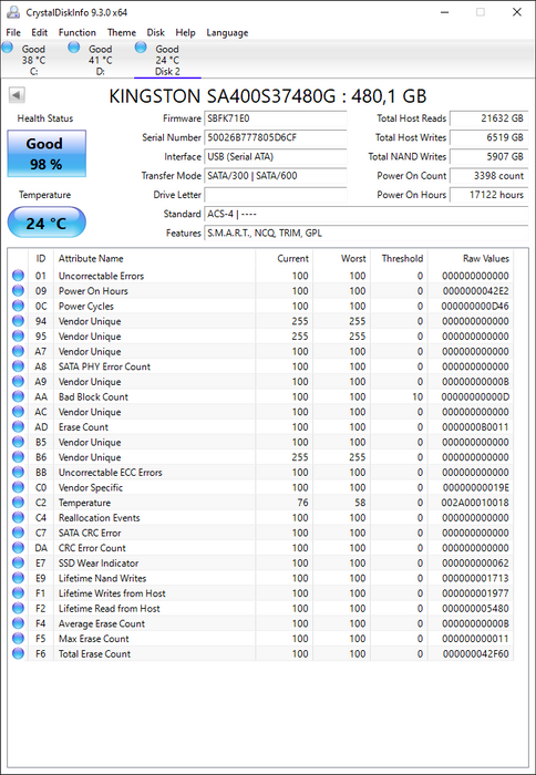 SA400S37/480G Kingston A400 Series 480GB TLC SATA 6Gbps 2.5" SSD
