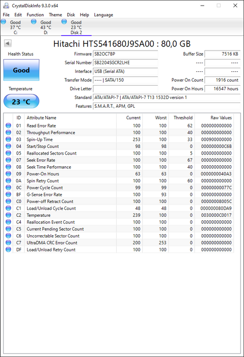 HTS541680J9SA00 Hitachi Travelstar 5K160 80GB 5400RPM SATA 1.5Gbps 8MB Cache 2.5" HDD
