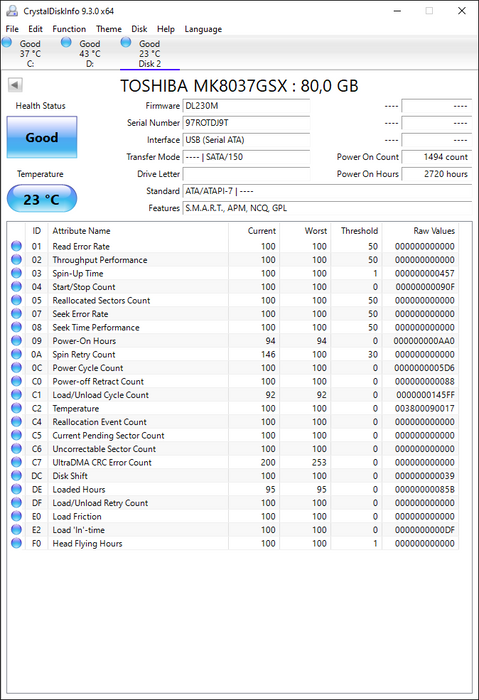 MK8037GSX Toshiba 80GB 5400RPM SATA 3Gbps 8MB Cache 2.5" HDD