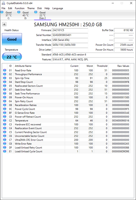 HM250HI Samsung Spinpoint M7 250GB 5400RPM SATA 3Gbps 8MB Cache 2.5" HDD