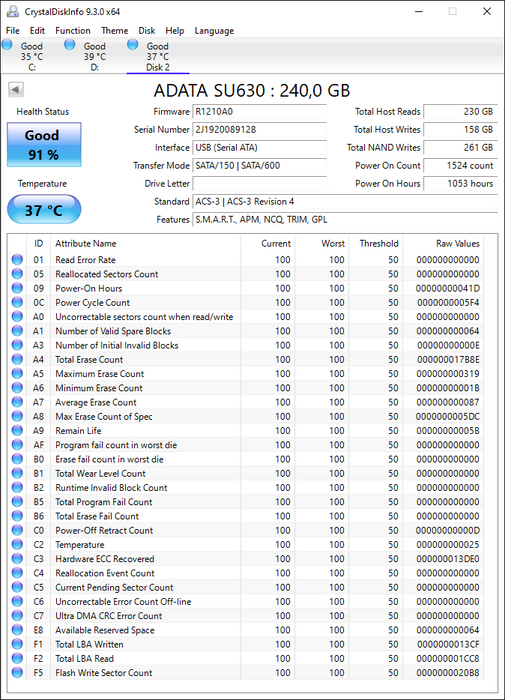 ASU630SS-240GQ ADATA Ultimate SU630 Series 240GB QLC SATA 6Gbps 2.5" SSD