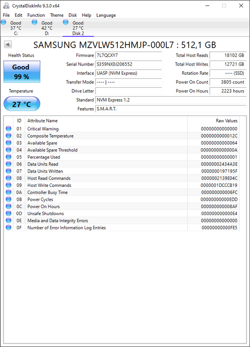 MZVLW512HMJP-000L7 Samsung PM961 Series 512GB TLC PCI Express 3.0 x4 NVMe (SED TCG Opal 2.0) M.2 2280 SSD