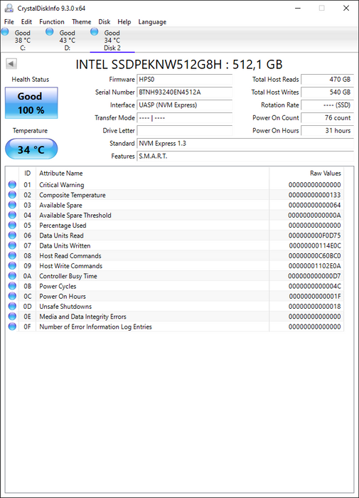 SSDPEKNW512G8H Intel 660p Series 512GB QLC PCIe 3.0 x4 NVMe (AES 256-Bits) M.2 2280 SSD