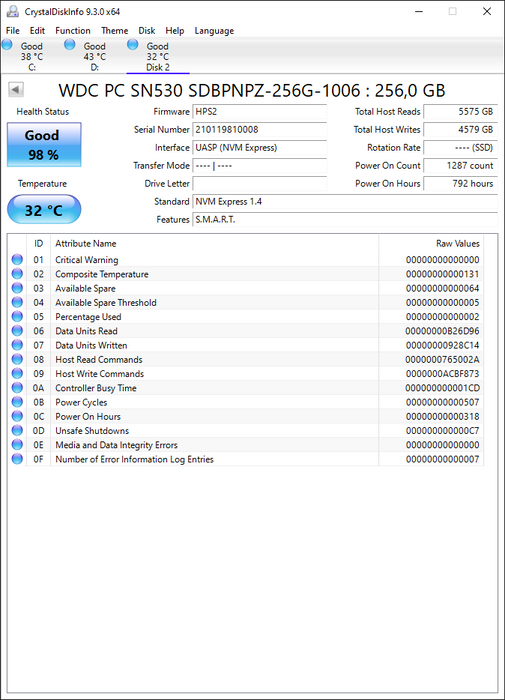 SDBPNPZ-256G-1006 Western Digital 256GB SN530 PCIe 3.0 M.2 2280 NVMe SSD