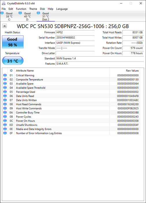SDBPNPZ-256G-1006 Western Digital 256GB SN530 PCIe 3.0 M.2 2280 NVMe SSD