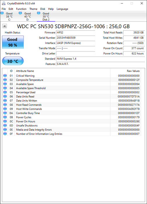 SDBPNPZ-256G-1006 Western Digital 256GB SN530 PCIe 3.0 M.2 2280 NVMe SSD