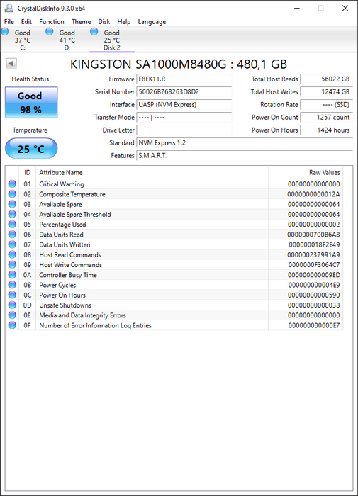SA1000M8/480G Kingston A1000 Series 480GB TLC PCIe 3.0 x2 NVMe M.2 2280 SSD