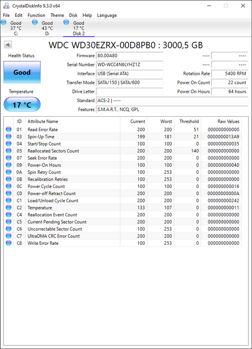 WD30EZRX-00D8PB0 Western Digital Caviar Green 3TB 5400RPM SATA 6Gbps 64MB Cache 3.5" HDD