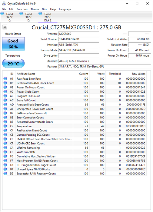 CT275MX300SSD1 Crucial MX300 Series 275GB TLC SATA 6Gbps (AES-256) 2.5" SSD