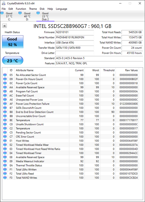 SSDSC2BB960G7 Intel DC S3520 Series 960GB MLC SATA 6Gbps (AES-256 / PLP) 2.5" SSD