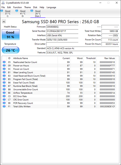 MZ7PD256HAFV-0BW00 Samsung 840 PRO Series 256GB MLC SATA 6Gbps (AES-256 FDE) 2.5" SSD