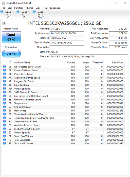 SSDSC2KW256G8L Intel 545s Series 256GB TLC SATA 6Gbps (AES-256) 2.5" SSD