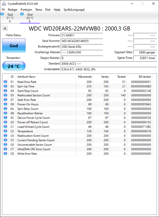 WD20EARS-22MVWB0 Western Digital Caviar Green 2TB 5400RPM SATA 3Gbps 64MB Cache 3.5" HDD