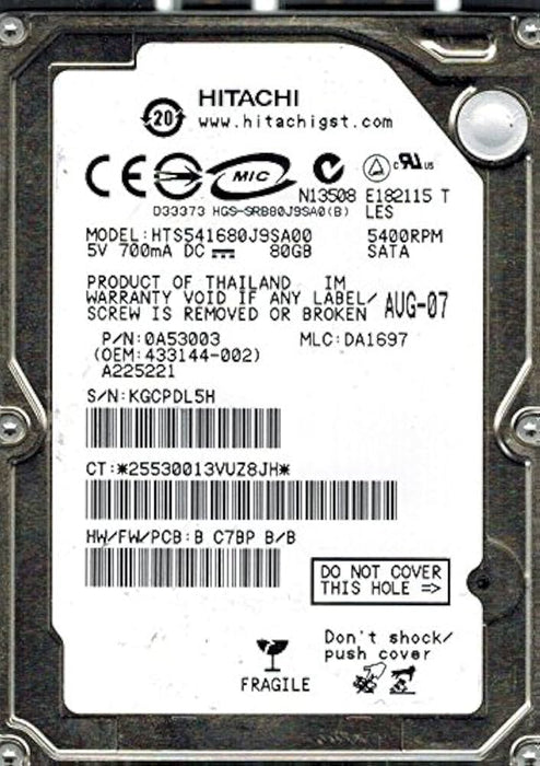 HTS541680J9SA00 Hitachi Travelstar 5K160 80GB 5400RPM SATA 1.5Gbps 8MB Cache 2.5" HDD